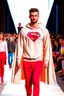 Placeholder: A guy on a fashion runway with Kryptonian Superman street wear Clothes in neutral colors