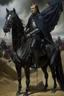 Placeholder: Oil painting of a very handsome king dressed in black in full on a black horse standing in the middle of a battlefield Photorealistic