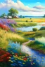 Placeholder: waterco;or painting of a landscape of several kinds of colorful wildflowers, small farm in the distance, ultrasharp, realistic colors