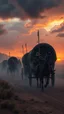 Placeholder: Bosch painting style nightmare , 3D ,a group of cowboys wagons pulled by horse guarded by strong soldiers with sticks dramatic misty scene of the sunset time in a stormy weather in the desert background, high Quality picture , 8k