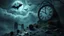 Placeholder: surreal dreamlike scene, nightmare on eart and in sky, midnight in the garden of death, some small black prickly balls on the earth and on sky, mystic gloomy, surreal dark shadows and pale light, stones, cracked eart, dark winter-like vibe, dark weird shapes floatings ,come strom , dark green moss, weird giant black musroom, bats on sky, branch on eart, ruins, rock, deep dark colors, dark twisting tendrils around big clock ,Clock with 12 o' clock, moon with black darkness, fog, detailed,