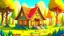 Placeholder: Cartoon style: at the end of the forest there is a meadow and a small wooden house