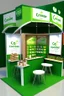 Placeholder: Corner green exhibition stand of a food company with product displays and a meeting area