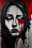 Placeholder: abstract black painting pretty woman sad face, red tear,