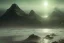 Placeholder: Cthulhu rising, dark, ocean, mist, mountains in background