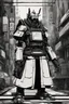 Placeholder: samurai robot in black and white cloak in a cyberpunk environment