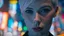 Placeholder: portrait of human android Anita, 25 years old female, short white hair, neat hairstyle tied back, white albino skin, shiny neon blue eyes, big eyes, very many freckles on her face, with a blue blure glowing tattoo on her neck: , nice, kind and friendly face, blur background with white-blue neon lights