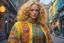 Placeholder: Beautiful blonde brown woman with freckles, wearing a colorful, vibrant, detailed embroidered costume, medium-full shot, in London gilet jaune scene, Smokey fluo, by Michael Whelan