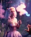 Placeholder: Ultra realistic wonderland photo, happy blonde woman smoking a shisha, blue dress, purple-cat friend, circus dress style, old school tattoo, smoke, marijuana garden, glow eyes, perfect iris, soft color, highly detailed, unreal engine 5, cinematic, ultra detail, volumetric lighting, high definition.