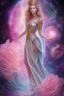 Placeholder: Create an image of a full body cosmic Goddess. The goddess should be depicted as a beautiful and powerful figure, surrounded by cosmic stars. Her hair should be long, blond and flowing, and she should be dressed in a flowing gown blue celestial robe. In the background, include imagery of pink flowers, blue sky,trees. The image should evoke a sense of joy, celebration, and spiritual connection to nature.