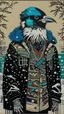 Placeholder: A contemporary serigraphy portrait by Kunisada of a crow adorned in a punk leather jacket within a snowy Christmas atmosphere.