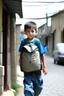 Placeholder: A Palestinian child carries on his shoulders a large bag with windows and doors