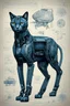 Placeholder: Hand drawn full body illustration by Wayne Reynolds , with detailed blueprints and engineering schematics of dark robotic Rex cat with highly detailed facial features, detailed drawings, 8k