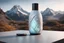 Placeholder: A futuristic bottlewith interwoven components that allow for wirelessly controlled temperature settings, featuring clean lines and modern design. Set the scene alongside a (smartphone) for reference. Put a mountain landscape in the background