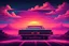 Placeholder: Retro wave, synth wave, with neon light, sunset, clouds, 1960ies car from the back, driving