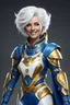 Placeholder: tabletop role-playing miniature of an extraterrestrial commander, beautiful humanlike female face, white hair, wearing blue spacesuit with golden parts. full body, ((smiling)), happy victorious. concept art hyperrealism