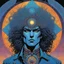 Placeholder: Art: Psychedelic Heavy Metal comic book illustration by Moebius and Philippe Druillet, inspired by Metal Hurlant) Subject: A detailed, kaleidoscopic visualization of the inside of a person’s mind having a breakthrough. The protagonist, a wild-haired, wide-eyed human figure wearing a battered denim jacket and tattered bell-bottoms, is falling through a wormhole of perception. The figure's body is partially composed of melting neurons and glowing binary code. Environment: They are surrounded by