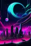 Placeholder: A surreal synthwave landscape featuring a towering cosmic entity with tentacles reaching towards a neon-lit city, under a sky filled with glitching stars, a distorted moon, and dark, swirling cosmic anomalies.