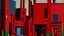 Placeholder: A dark scarlet red frantic factory with furnaces painted by Stuart Davis