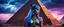 Placeholder: Hyper Realistic Photographic-View of a Beautiful-Alien-Cleopatra with glowing-blue-hair-&-cat-eyes standing outside her pyramid with purple-cloudy-sky at dark-rainy-night dramatic & cinematic ambiance