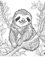 Placeholder: create a 2d black outline, "safari smiling cartoon sloth on a branch coloring book for kids", coloring page, low details design, black contour, coloring page design, simple background, colorful , card style, coloring page for kids, white background, sketch style, safari landscape, cartoon style