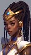 Placeholder: sci-fi, arcane animation series style, league of legends, Solo, 1girl, attractive female with freckles, african, dark skin, golden eyes, dark hair, braided dreadlocks, earrings, makeup, (detailed skin texture), white and indigo-blue suit