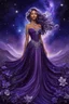 Placeholder: The title captures the essence of the woman’s flowing dress made up of dark purple and silver flowers, her hair adorned with purple flowers and beads, and the background that gives the impression of a night sky with stars. It’s a beautiful blend of elegance and nature. stunning