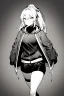 Placeholder: blonde girl with ponytails dressed in a jacket and shorts, dark corridor, greyscale