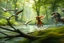 Placeholder: oil painting ,motion blur running caped long haired pixie Quickling - Forgotten Realms dodging geese above water and along winding branches in lush green forest along speeding horses , bokeh like f/0.8, tilt-shift lens 8k, high detail, smooth render, down-light, unreal engine, prize winning