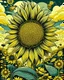 Placeholder: giant sunflower, with beautiful bees flying around, in shephard fairey style graphic, urrounded by golden leaves, sharp detailed graphic, garden background with blue sky and white clouds.