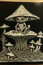 Placeholder: Linocut goblin sitting on toadstool