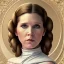 Placeholder: round framed complete and fully detailed head to waist portrait of young carrie fisher as Princess Leia with detailed hairstyle by Mandy Jurgens and mucha and Richard Schmid and chuck close and chie yoshii, beautiful detailed opulent dress,