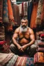 Placeholder: close up photography of a burly beefy strong 49-year-old Turk in Istanbul bazaar, shirtless, selling carpets sitting on a pile of carpets, biig shoulders, manly chest, very hairy, side light, view from the ground