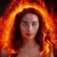 Placeholder: woman made of fire, full face, fire angel, hair made of fire, hair covering breasts, fire all around, only wearing bikini made of fire, extremely detailed, photo style, style of photo, lava background