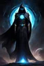 Placeholder: character design, concept art, god of black holes, space void black holes god entity, black void body, glowing eyes, cape of abyss, black hole character design