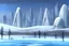 Placeholder: Futuristic buildings near frozen lake, science fiction, realistic painting