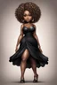 Placeholder: create a digital airbrush image of a chibi curvy black female wearing a black maxi dress and black sandals. Prominent make up with brown eyes. Highly detailed wild tight curly blonde afro.