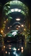 Placeholder: a car shaped like a bucket in dark lit reflective wet jungle metallic hall dome hotel tunnel, in the style of a game,bokeh like f/0.8, tilt-shift lens 8k, high detail, smooth render, down-light, unreal engine, prize winning