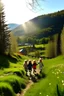 Placeholder: Spring in skåbu, sun, children walking in mountains