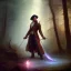 Placeholder: romantic fantasy spray painting, william Turner, close up on dark robed poet holding bow and arrow, loosing torch in magical forest