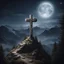 Placeholder: Hyper Realistic Cross on a mountain top at night with moonlight & trees on mountain