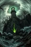 Placeholder: in the style of Fisheye lens. detailed close-up concept art of a Lovecraftian horror, chthon island featuring a decaying a ufo starship light beam. Focus on gnarled trees around rocky cliffs, with the lighthouse showing deep cracks and glowing substance oozing from them. Include hints of nightmarish creatures beneath turbulent waters. The stormy sky casts an eerie and green glow, with shipwreck debris and ancient ruins scattered on the shore to emphasize the sense of dread and abandonment