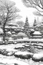 Placeholder: Tokyo garden in Winter abstract pencil black and white STYLE OF HIROKU OGAI