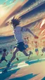 Placeholder: anime soccer player running as fast as the light, crowded stadium in the background