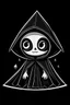 Placeholder: chibi skeleton in a black hooded cloak drawn in a retro mascot cartoon style, inside a light diamond shape on a black background, monochromatic