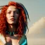 Placeholder: A beautiful portrait of a cyberpunk woman with lot's of grain on her skin red head with natural curly hair flying in the wind cyborg smiling facing camera orange color scheme, high key lighting, volumetric light high details with white stripes and feathers unreal 5, octane render, cinema4d, dynamic lighting, dramatic lighting, 4k, redshift render, highly detailed, hyper realistic