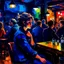 Placeholder: a single figure in a crowded bar at night, young people, dark colors, impressionist style