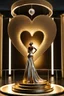 Placeholder: A magnificent golden and silver heart-shaped sign adorned with a stunning golden sphere encrusted with sparkling diamond clusters at its center, elegantly spinning in position,a girl golden statue standing pose