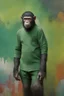 Placeholder: Roddy McDowall as Cornelius the chimpanzee from Planet of the Apes wearing a thick green cotton tunic and trousers - extremely colorful, multicolored paint splattered wall in the background, oil painting by Leonardo da Vinci