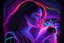 Placeholder: black light art, neon lines, contented brunette woman with fluffy kitten seeking something in the distance